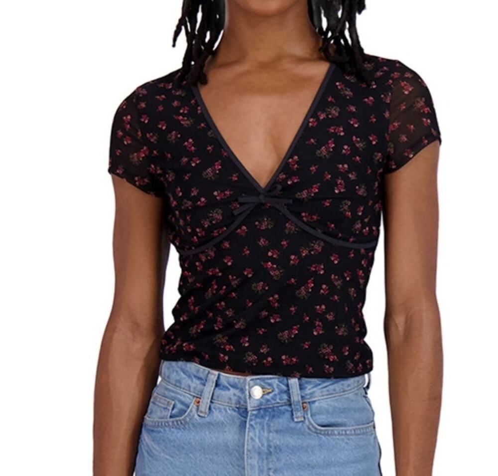 Aeropostale Black Floral Mesh V-Neck Crop Top Women's Size Large Coquette NWT